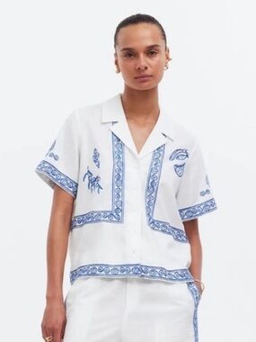 NWT Madewell x Lisa Says Gah! White and blue linen embroidered SET Size small